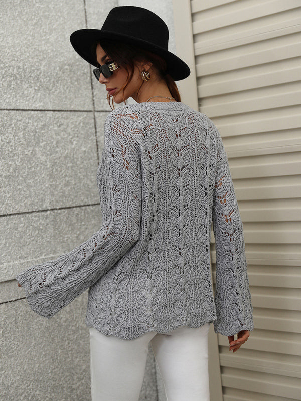 Trumpet sleeve hollow pullover round neck loose sweater women BLUE ZONE PLANET