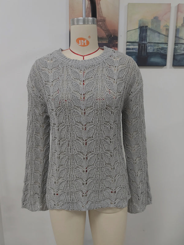 Trumpet sleeve hollow pullover round neck loose sweater women BLUE ZONE PLANET
