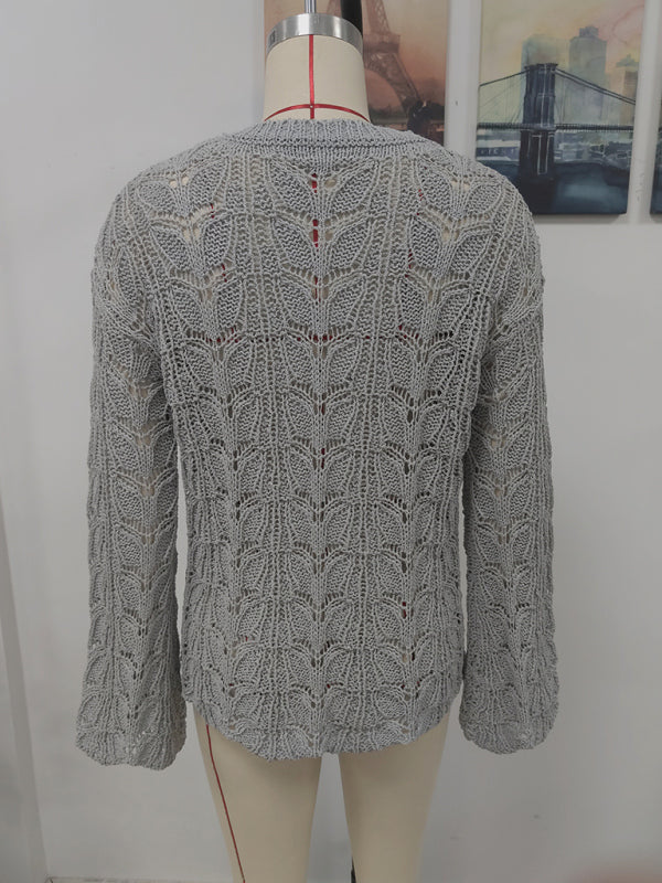 Trumpet sleeve hollow pullover round neck loose sweater women BLUE ZONE PLANET