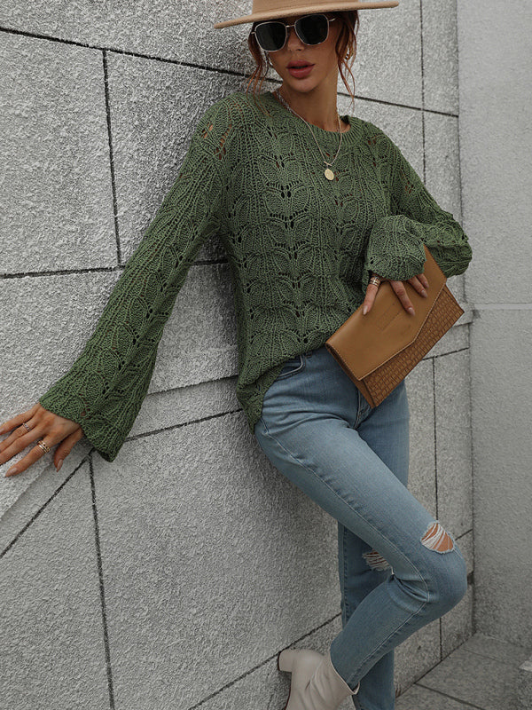 Trumpet sleeve hollow pullover round neck loose sweater women BLUE ZONE PLANET