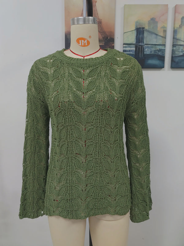 Trumpet sleeve hollow pullover round neck loose sweater women BLUE ZONE PLANET
