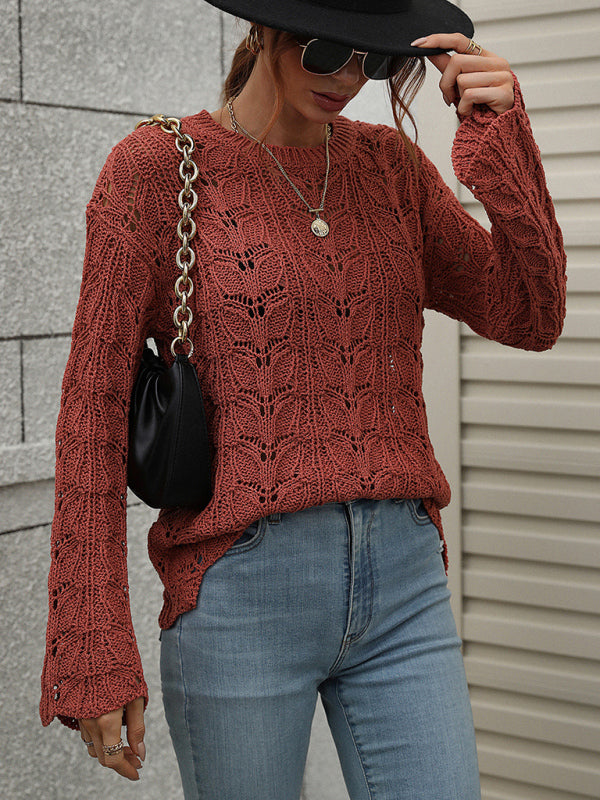 Trumpet sleeve hollow pullover round neck loose sweater women BLUE ZONE PLANET