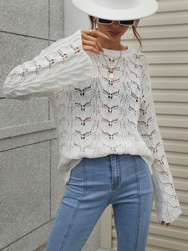 Trumpet sleeve hollow pullover round neck loose sweater women BLUE ZONE PLANET
