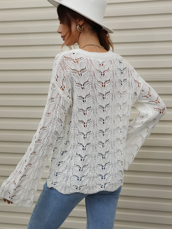 Trumpet sleeve hollow pullover round neck loose sweater women BLUE ZONE PLANET