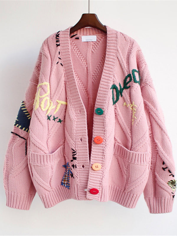 Blue Zone Planet | Cute Embroidered Loose Cropped Knit Cardigan with Patch Pockets BLUE ZONE PLANET