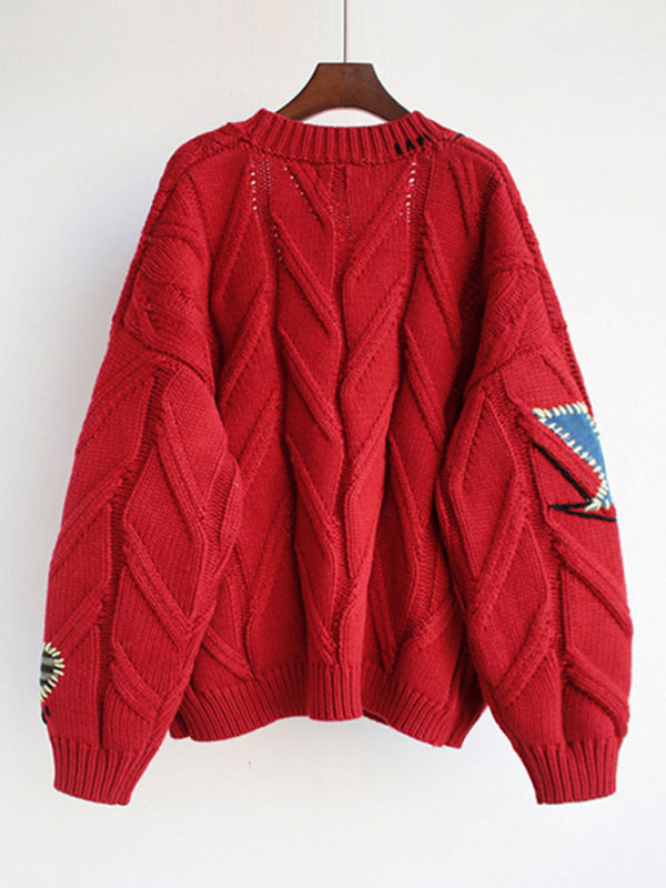 Blue Zone Planet | Cute Embroidered Loose Cropped Knit Cardigan with Patch Pockets BLUE ZONE PLANET