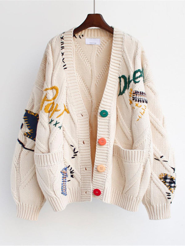 Blue Zone Planet | Cute Embroidered Loose Cropped Knit Cardigan with Patch Pockets BLUE ZONE PLANET