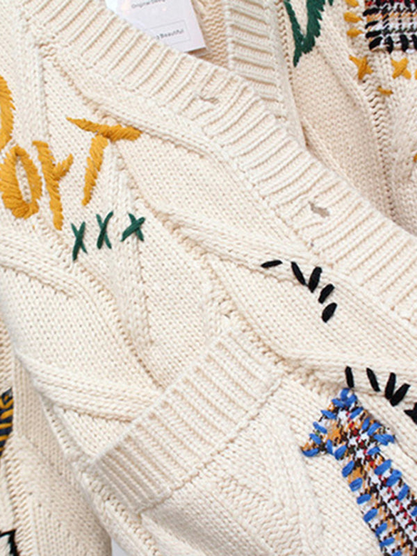 Blue Zone Planet | Cute Embroidered Loose Cropped Knit Cardigan with Patch Pockets BLUE ZONE PLANET