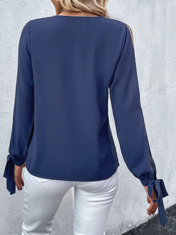 Blue Zone Planet | Anne's V-neck long sleeve cut out solid color shirt BLUE ZONE PLANET