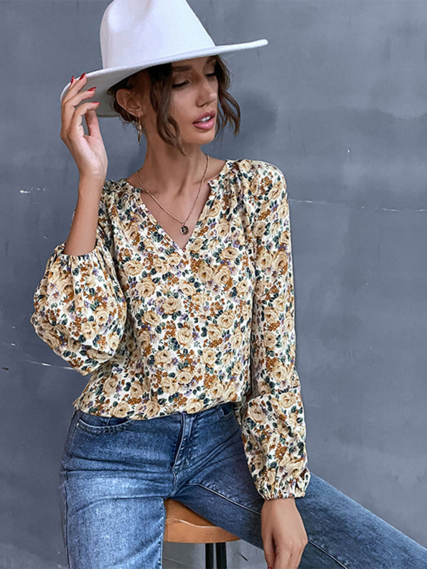 Blue Zone Planet | holiday loose v-neck long-sleeved floral shirt BLUE ZONE PLANET