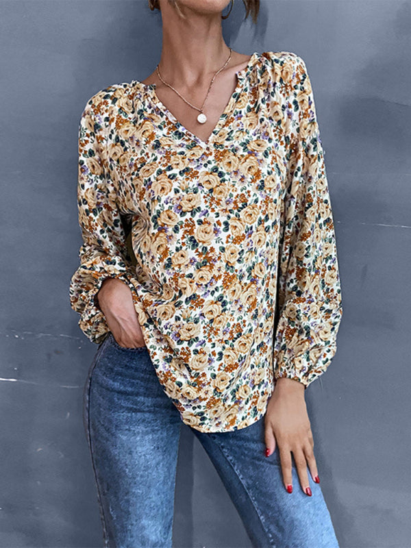 Blue Zone Planet | holiday loose v-neck long-sleeved floral shirt BLUE ZONE PLANET