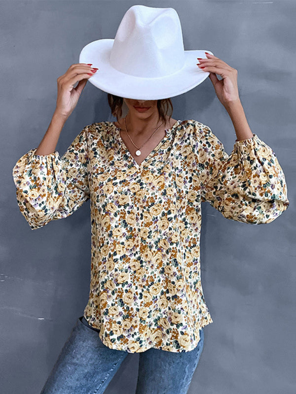 Blue Zone Planet | holiday loose v-neck long-sleeved floral shirt BLUE ZONE PLANET