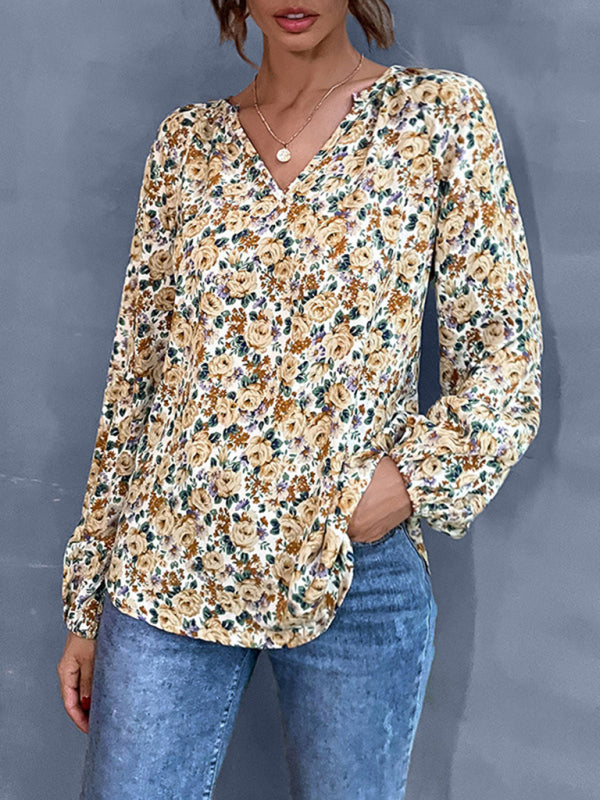 Blue Zone Planet | holiday loose v-neck long-sleeved floral shirt BLUE ZONE PLANET
