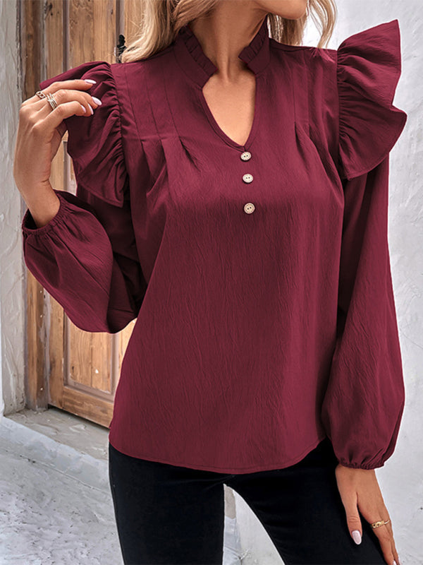 Blue Zone Planet | Red V-neck Long Sleeve Solid Color Shirt Top BLUE ZONE PLANET