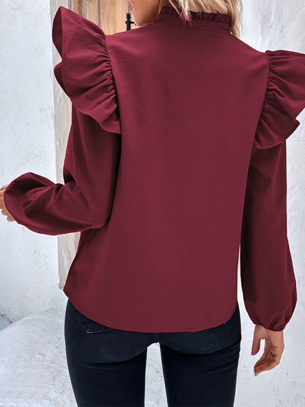 Blue Zone Planet | Red V-neck Long Sleeve Solid Color Shirt Top BLUE ZONE PLANET