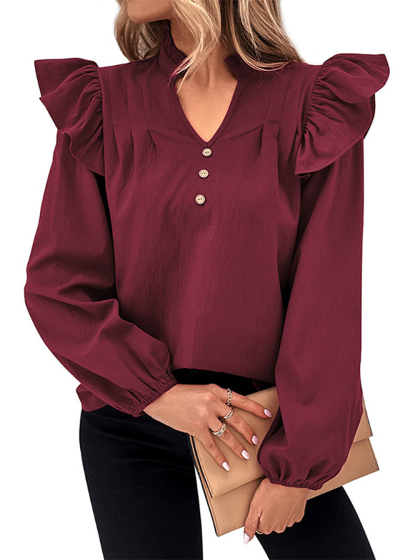 Blue Zone Planet | Red V-neck Long Sleeve Solid Color Shirt Top BLUE ZONE PLANET