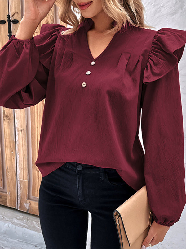 Blue Zone Planet | Red V-neck Long Sleeve Solid Color Shirt Top BLUE ZONE PLANET