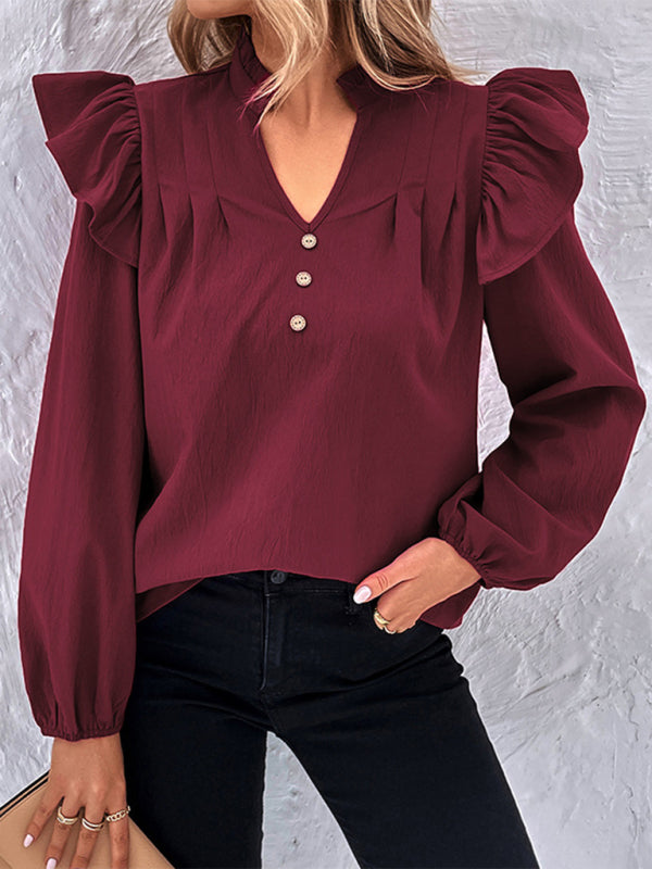 Blue Zone Planet | Red V-neck Long Sleeve Solid Color Shirt Top BLUE ZONE PLANET