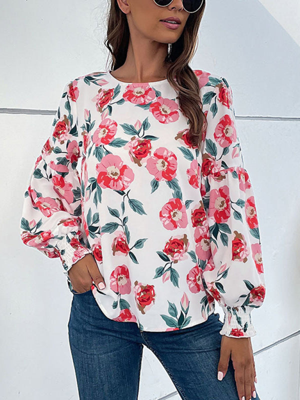 Blue Zone Planet | Round Neck Long Sleeve Floral Shirt Top BLUE ZONE PLANET