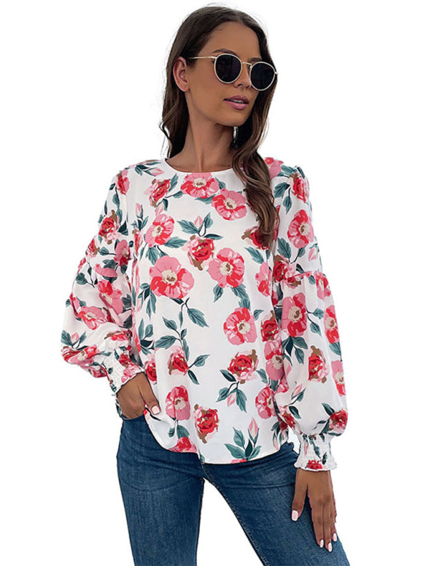 Blue Zone Planet | Round Neck Long Sleeve Floral Shirt Top BLUE ZONE PLANET