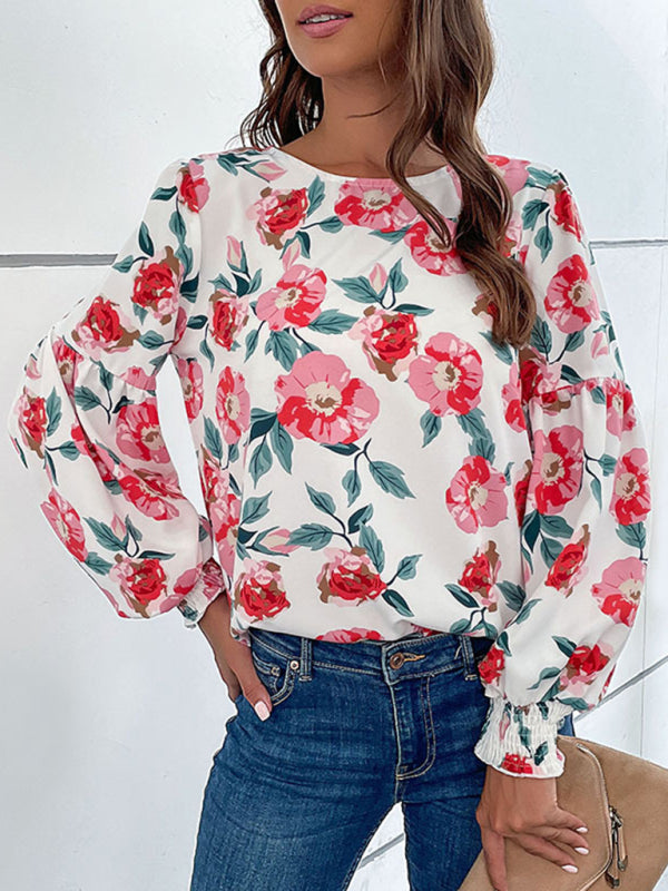 Blue Zone Planet | Round Neck Long Sleeve Floral Shirt Top BLUE ZONE PLANET