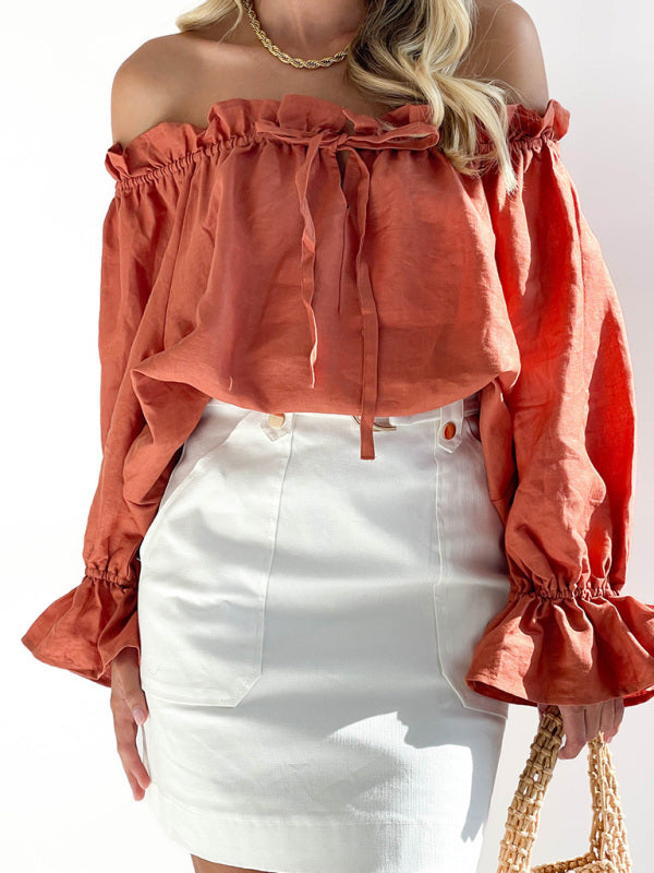 Elegant Bandage Loose One Shoulder Balloon Sleeve Top BLUE ZONE PLANET