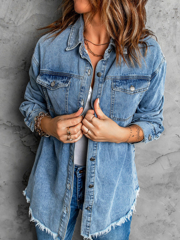 Blue Zone Planet | Street trendy denim lapel loose type simple blouse BLUE ZONE PLANET