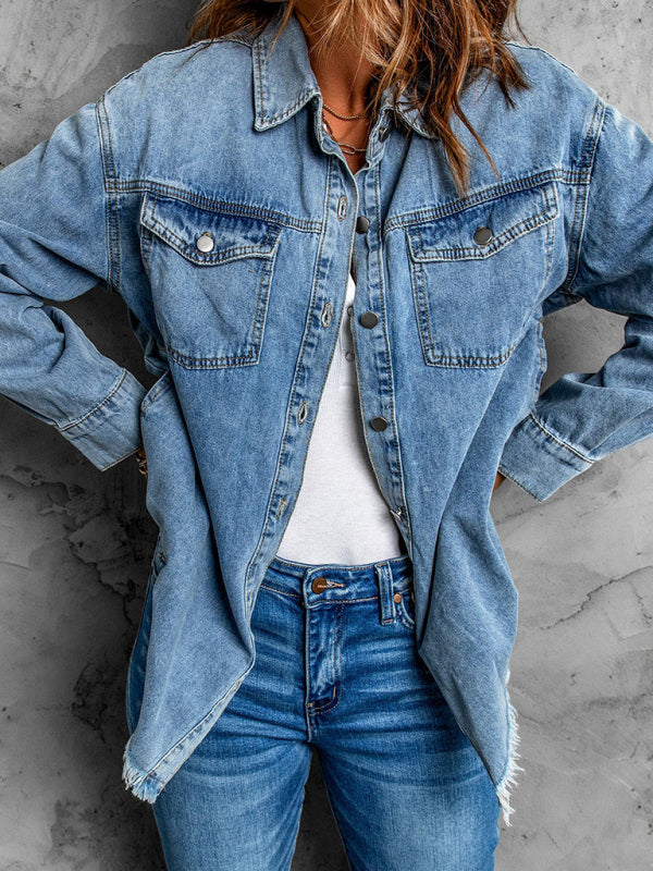 Blue Zone Planet | Street trendy denim lapel loose type simple blouse BLUE ZONE PLANET