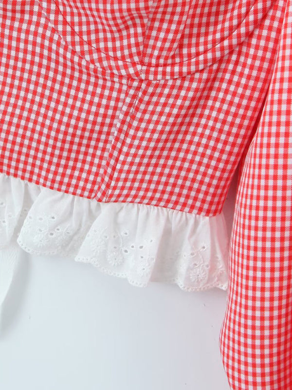 Kiki's Lace Plaid Tie Top Lantern Sleeve Crop Top BLUE ZONE PLANET