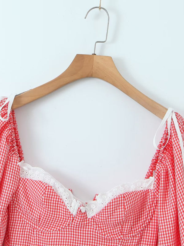 Kiki's Lace Plaid Tie Top Lantern Sleeve Crop Top BLUE ZONE PLANET
