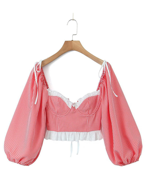 Kiki's Lace Plaid Tie Top Lantern Sleeve Crop Top BLUE ZONE PLANET