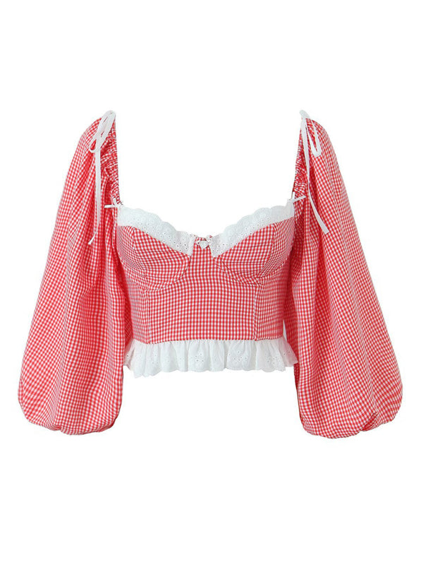 Kiki's Lace Plaid Tie Top Lantern Sleeve Crop Top BLUE ZONE PLANET