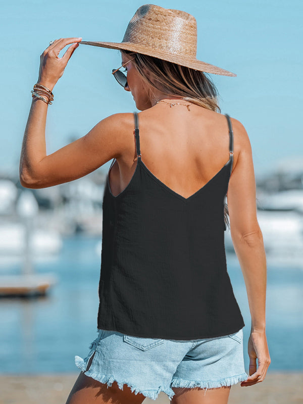 Katya's V-neck Buttoned Spaghetti Strap T-shirt Top BLUE ZONE PLANET