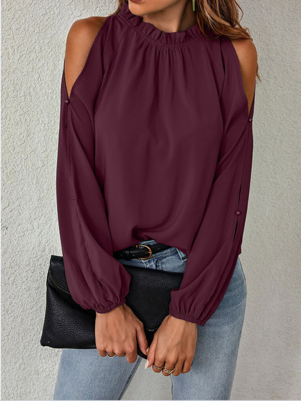 Blue Zone Planet | Ruffle Round Neck Long Sleeve Gathered Strapless Fashion Top BLUE ZONE PLANET