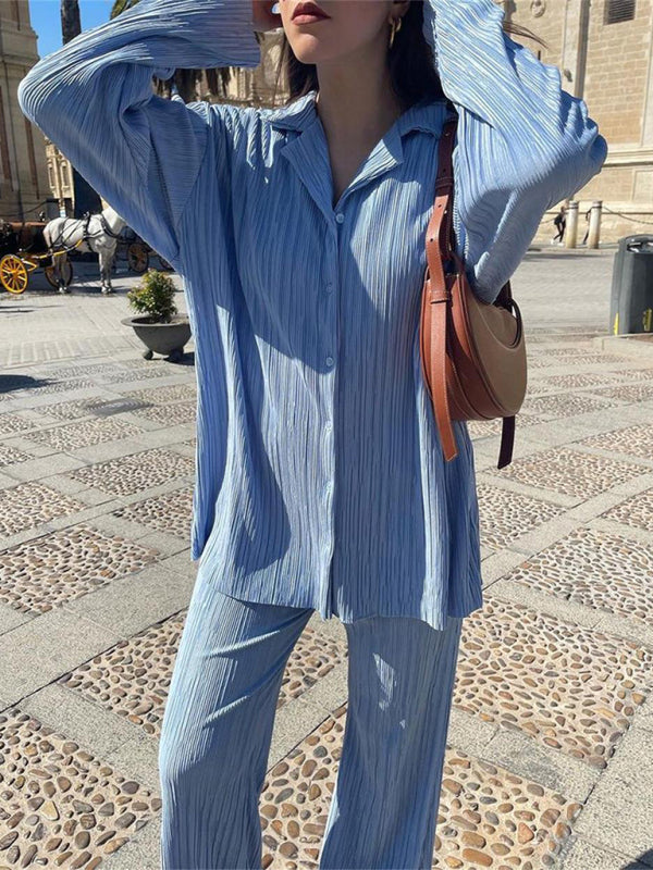 Blue Zone Planet | Bella's Bohemian Pleated Shirt with matching Straight Loose Trousers Set BLUE ZONE PLANET
