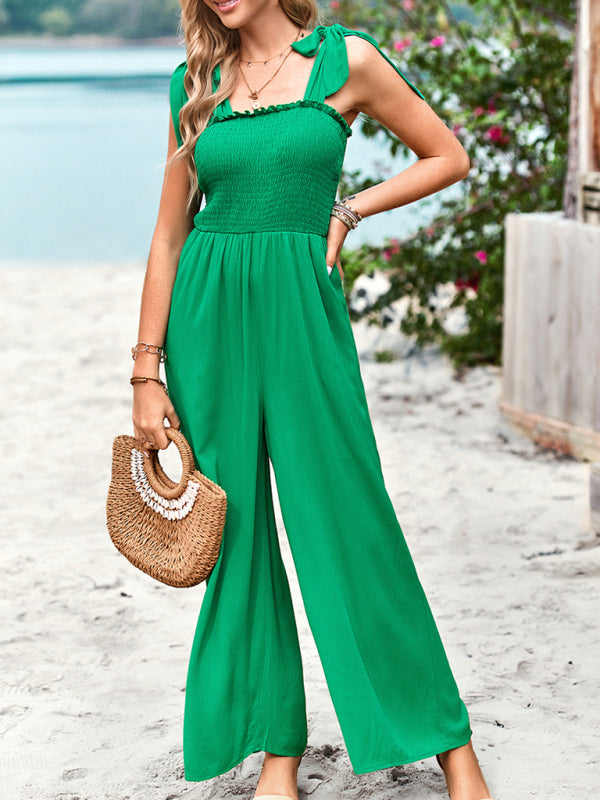 Blue Zone Planet | solid color high waist wrap chest spaghetti strap jumpsuit wide leg pants BLUE ZONE PLANET