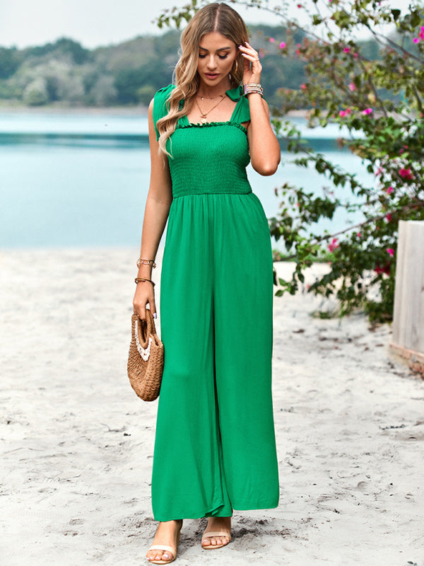 Blue Zone Planet | solid color high waist wrap chest spaghetti strap jumpsuit wide leg pants BLUE ZONE PLANET