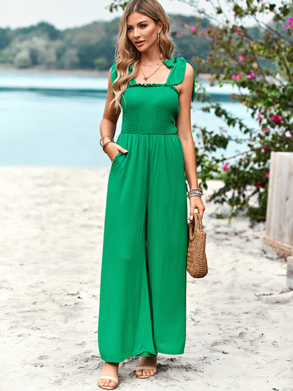 Blue Zone Planet | solid color high waist wrap chest spaghetti strap jumpsuit wide leg pants BLUE ZONE PLANET