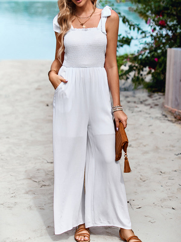 Blue Zone Planet | solid color high waist wrap chest spaghetti strap jumpsuit wide leg pants BLUE ZONE PLANET