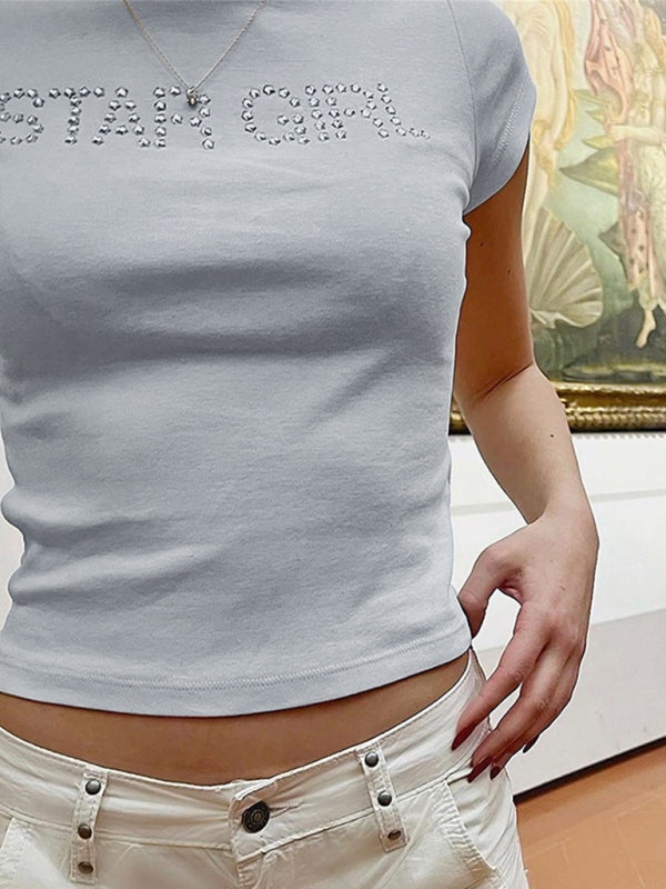 Short-sleeved T-shirt letter ironing rhinestone inner layered slim top BLUE ZONE PLANET