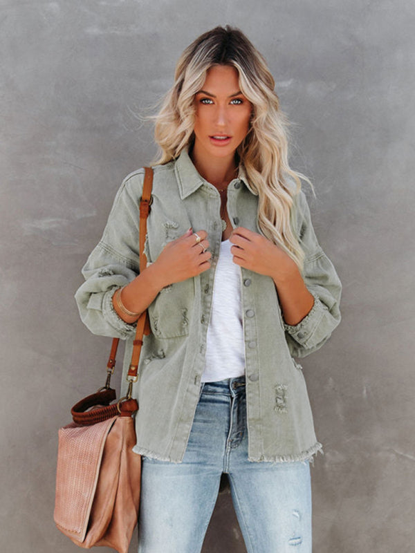 Blue Zone Planet | Coat mid-length style ripped loose denim shirt jacket BLUE ZONE PLANET