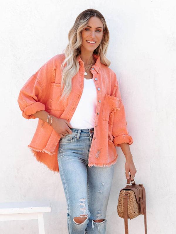 Blue Zone Planet | Coat mid-length style ripped loose denim shirt jacket BLUE ZONE PLANET