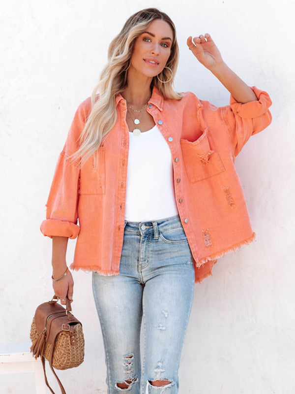 Blue Zone Planet | Coat mid-length style ripped loose denim shirt jacket BLUE ZONE PLANET