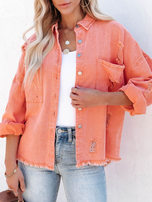 Blue Zone Planet | Coat mid-length style ripped loose denim shirt jacket BLUE ZONE PLANET