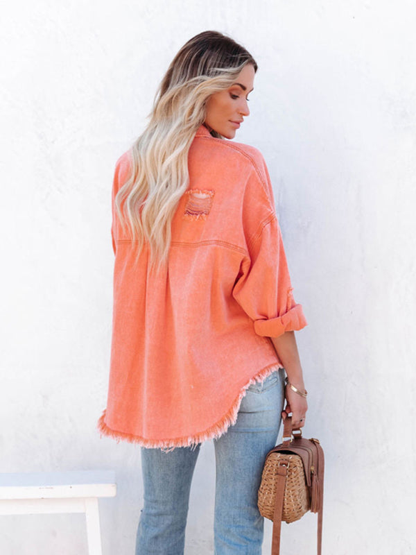 Blue Zone Planet | Coat mid-length style ripped loose denim shirt jacket BLUE ZONE PLANET