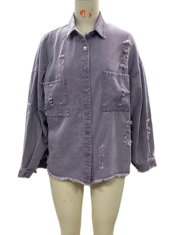 Blue Zone Planet | Coat mid-length style ripped loose denim shirt jacket BLUE ZONE PLANET