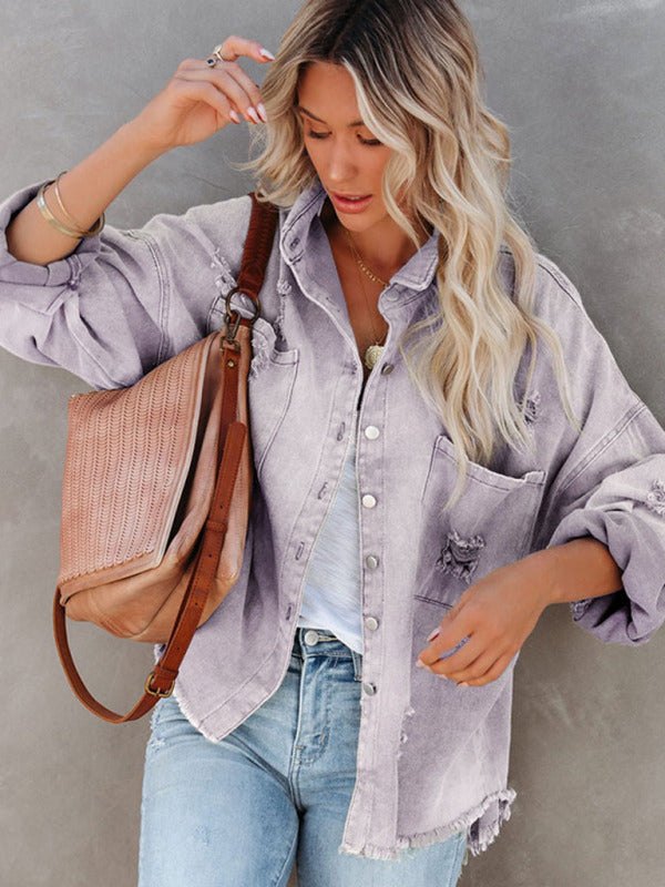 Blue Zone Planet | Coat mid-length style ripped loose denim shirt jacket BLUE ZONE PLANET