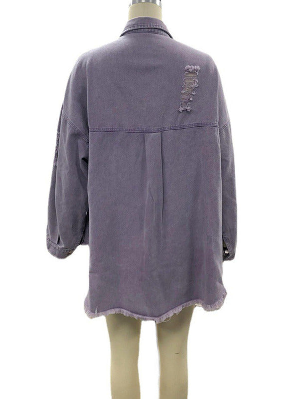Blue Zone Planet | Coat mid-length style ripped loose denim shirt jacket BLUE ZONE PLANET