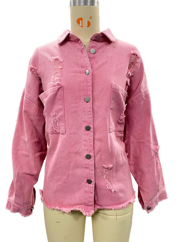 Blue Zone Planet | Coat mid-length style ripped loose denim shirt jacket BLUE ZONE PLANET