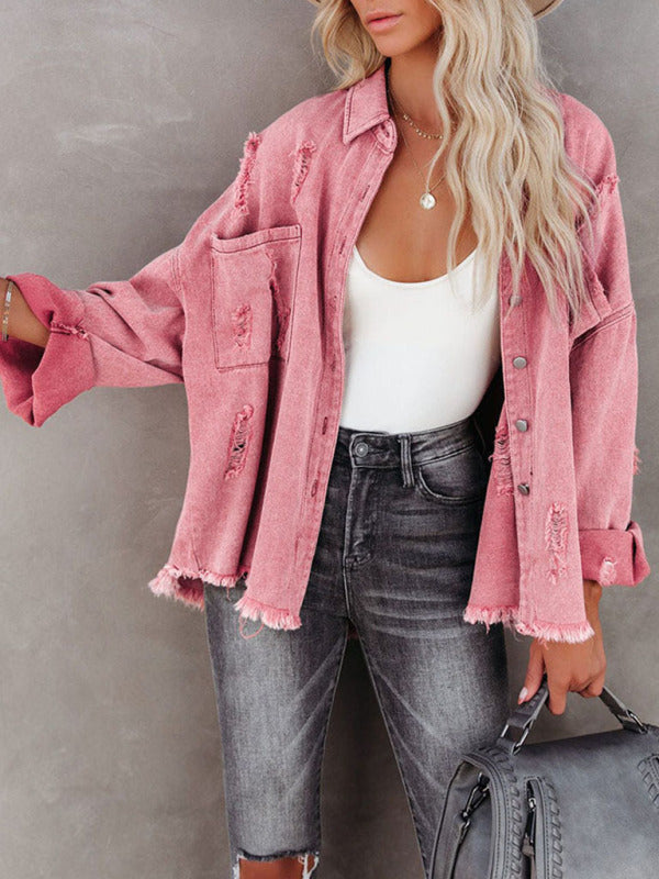 Blue Zone Planet | Coat mid-length style ripped loose denim shirt jacket BLUE ZONE PLANET